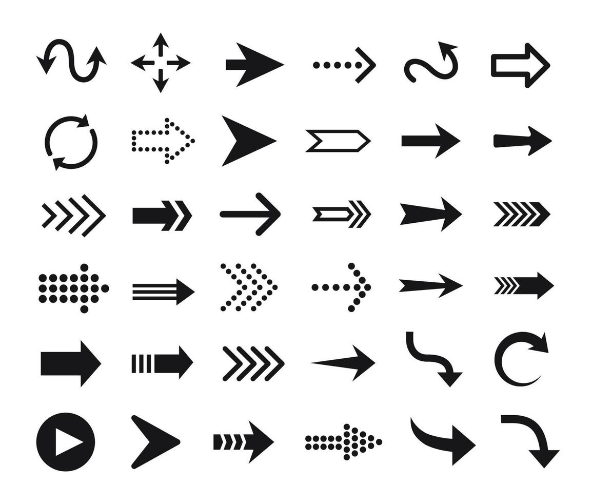 Arrow icon. Arrows pictograms, buttons, web cursors, pointers. Up, down, right, left direction signs. Curve and straight arrows symbol vector set