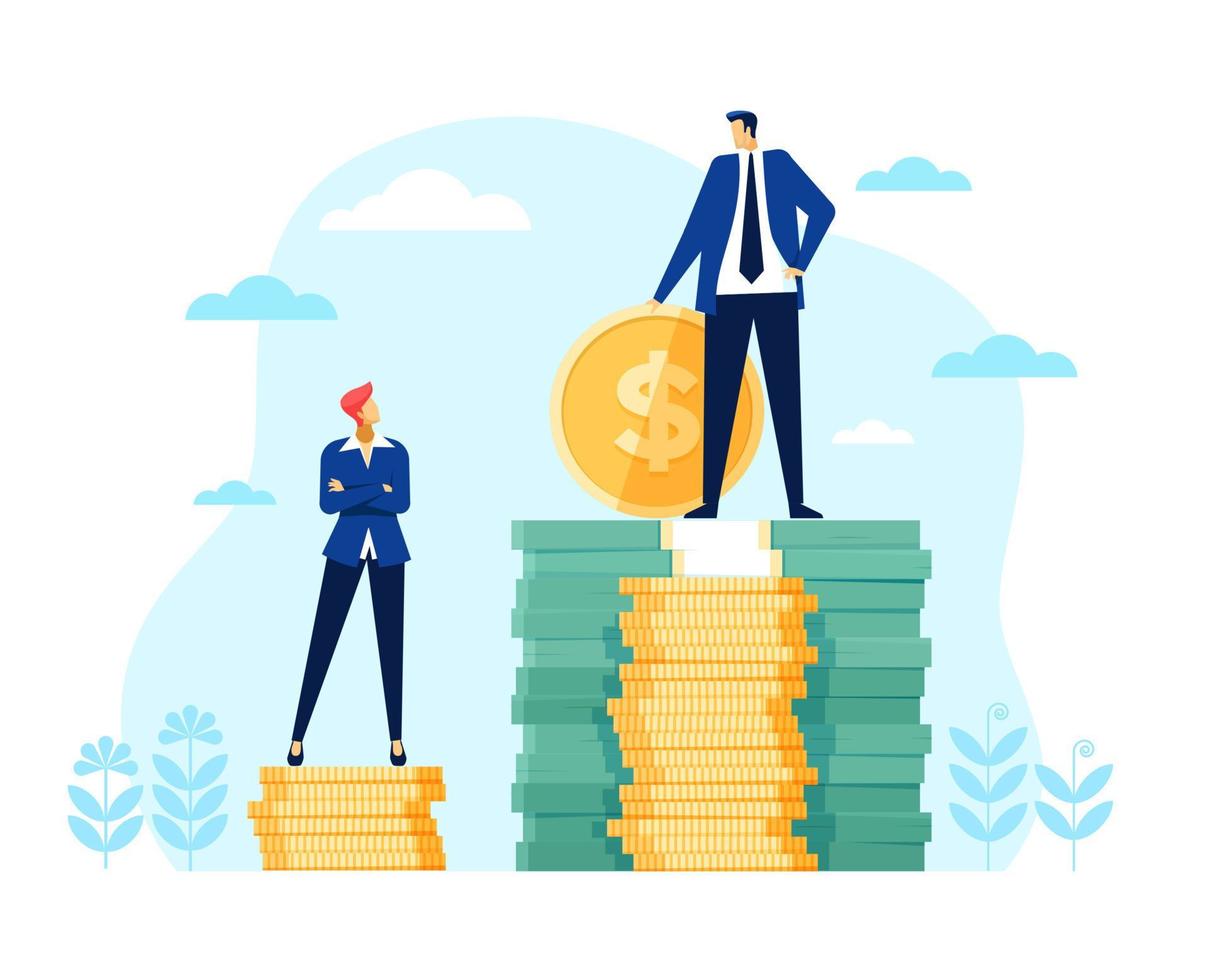 Gender wage gap. Businessman and businesswoman standing on money stack. Unequal pay, financial discrimination, income inequality vector concept