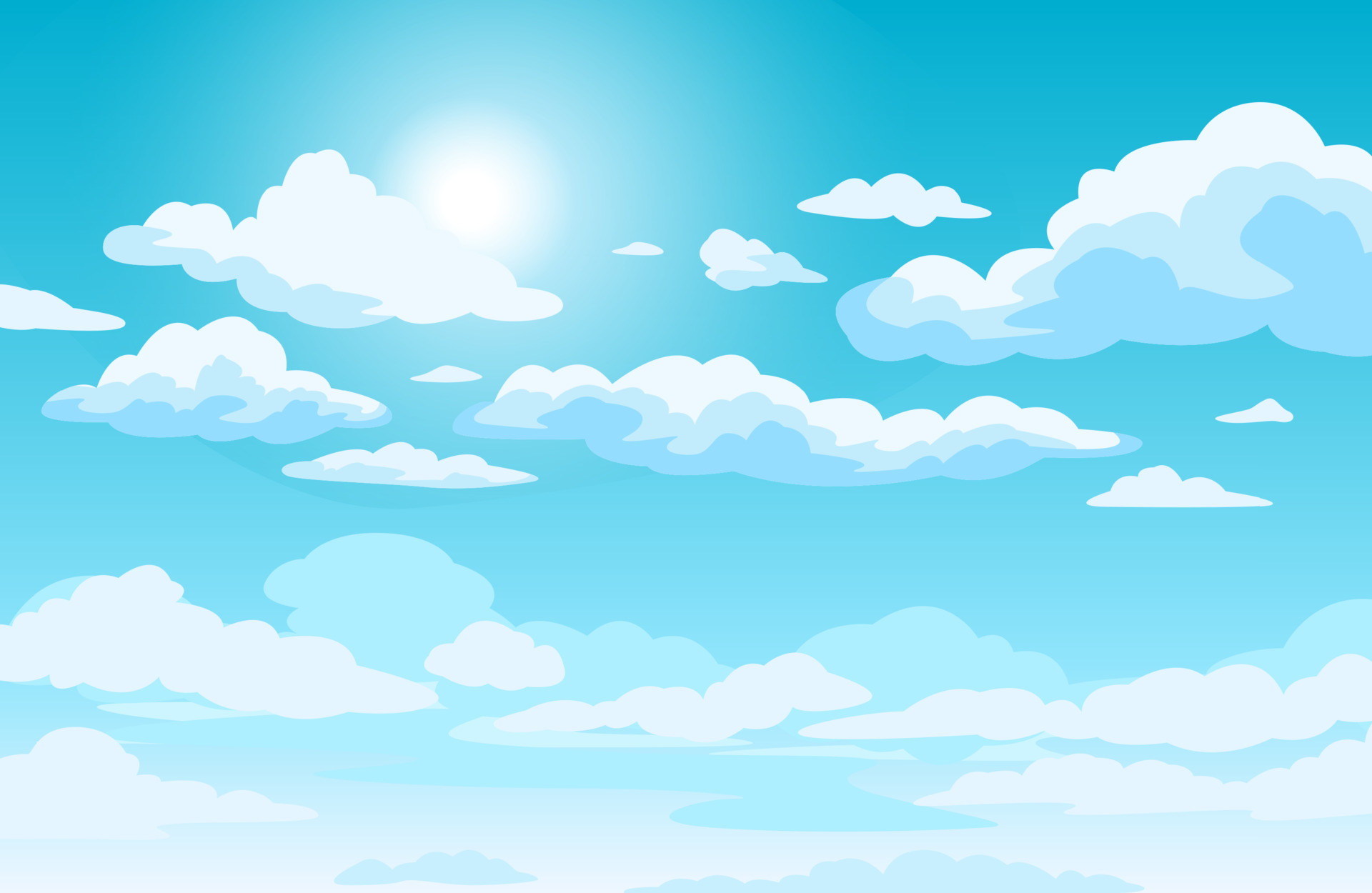 Blue sky with clouds. Anime style background with shining sun and white fluffy clouds. Sunny day