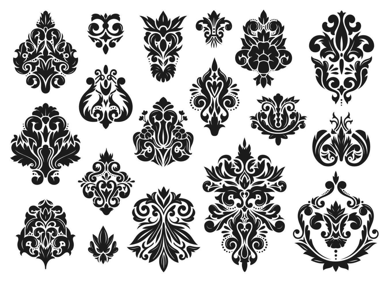 Damask ornaments. Vintage baroque style ornament with floral elements. Classic filigree decorations, old fashioned victorian decor vector set