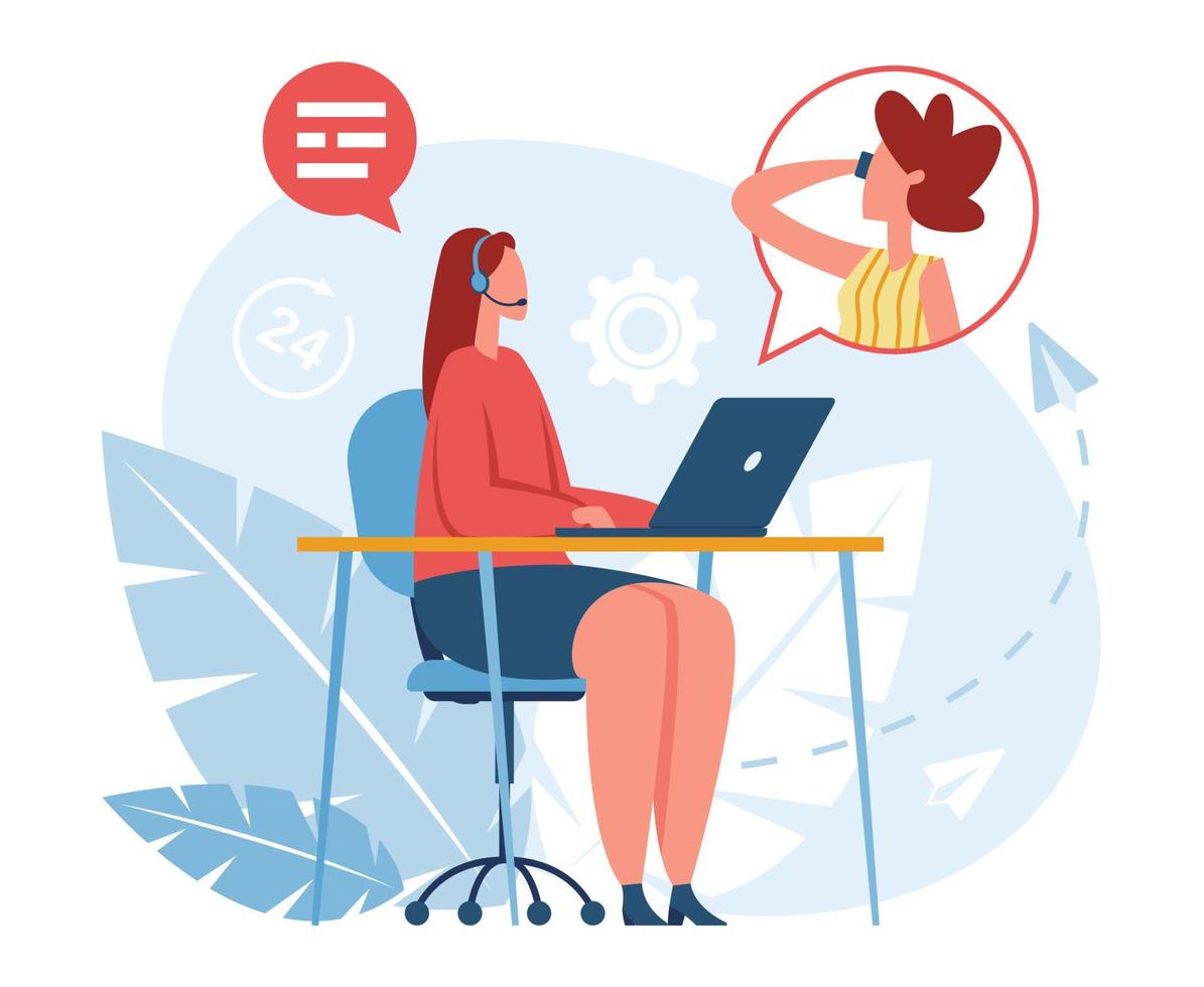 Hotline operator. Call center worker in headset talking to client. Customer service, online consultant, technical support vector concept