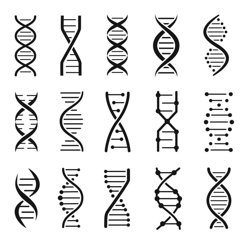 adn molécula estructura iconos cromosoma cadena hélice, genético código logo. biotecnología, médico ciencia, gene hebra silueta icono vector conjunto