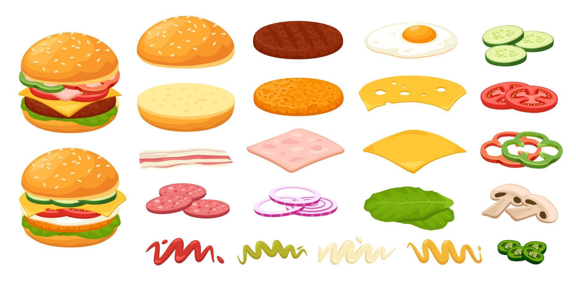 Cartoon burger ingredients. Bun, cheese, roasted egg, pickle, sliced tomato, onion. Fast food burgers constructor, sandwich ingredient vector set