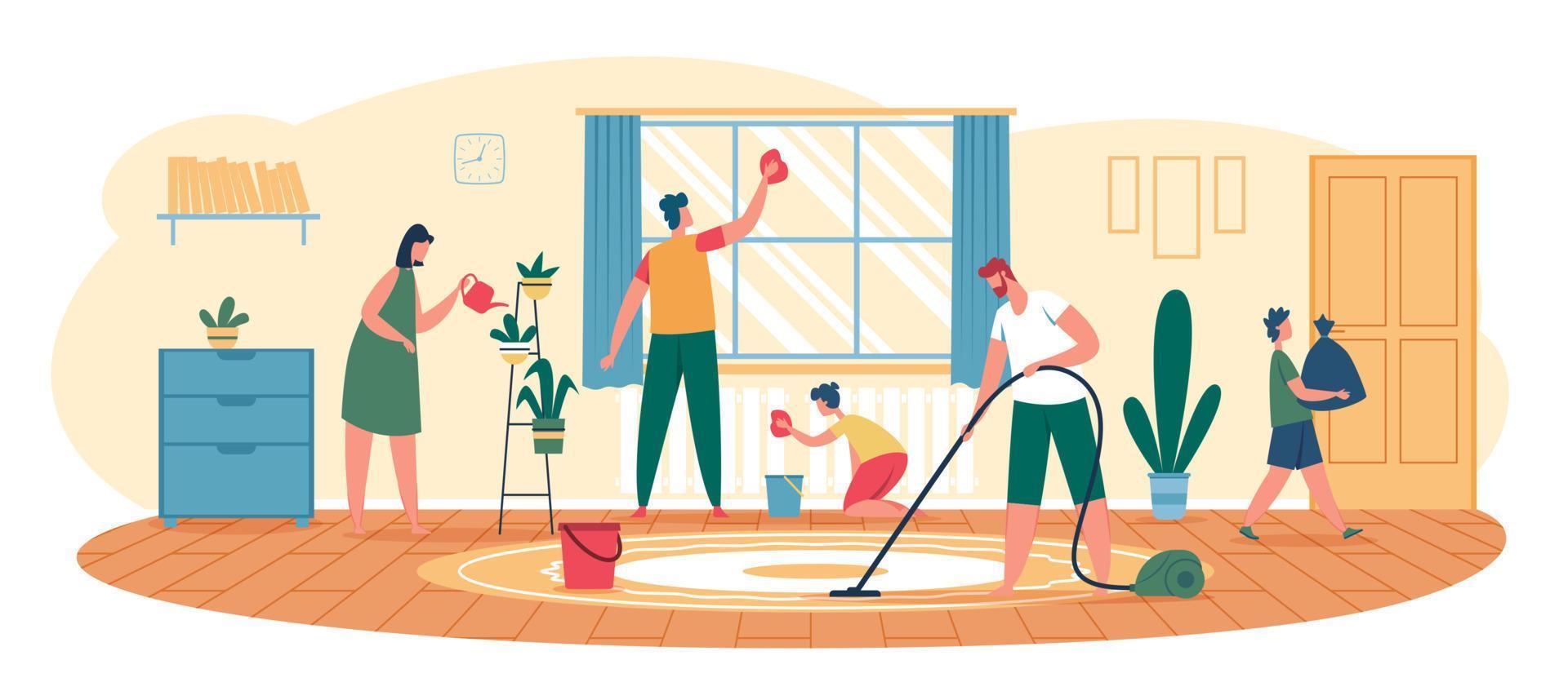 Family cleaning home. Parents with kids wiping window, vacuuming floor, taking out trash. Children helping with housework vector illustration