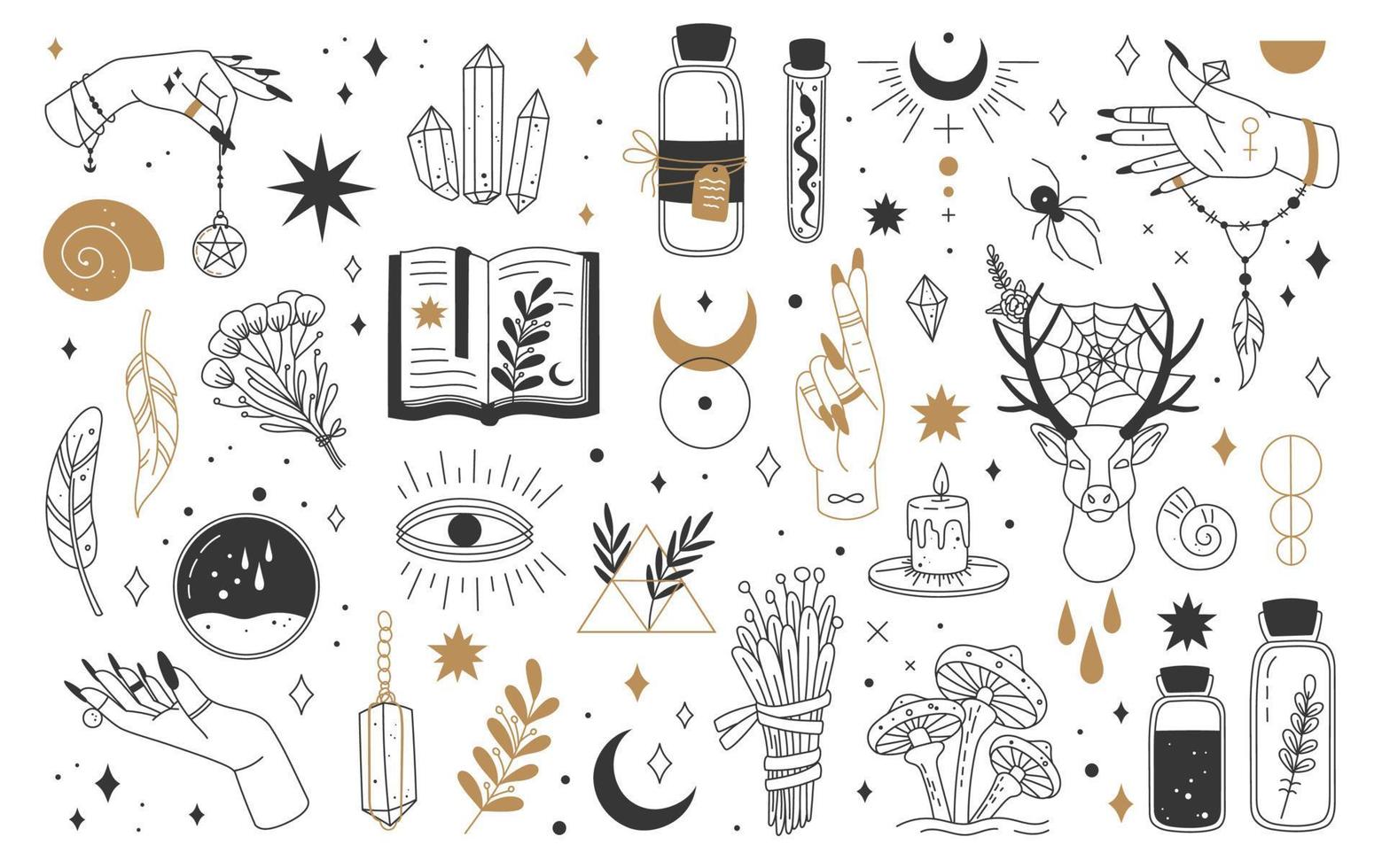 Mystic and esoteric elements. Moon, witch hands, crystals, potions, flowers. Mystical astrology, magic, witchcraft, occult symbols vector set