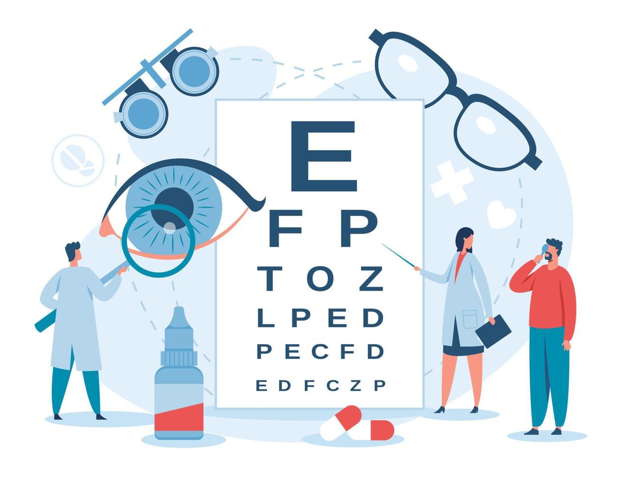 oftalmología. oftalmólogo comprobación paciente vista. miopía diagnóstico y tratamiento. ojo y visión cuidado de la salud vector concepto