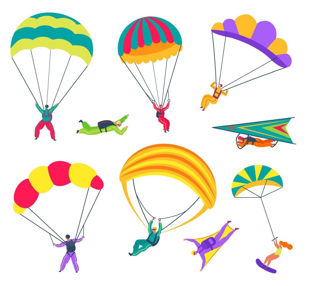 Skydivers. People with parachutes flying in sky. Professional paragliders, skydivers in wingsuits. Extreme sports activities vector set