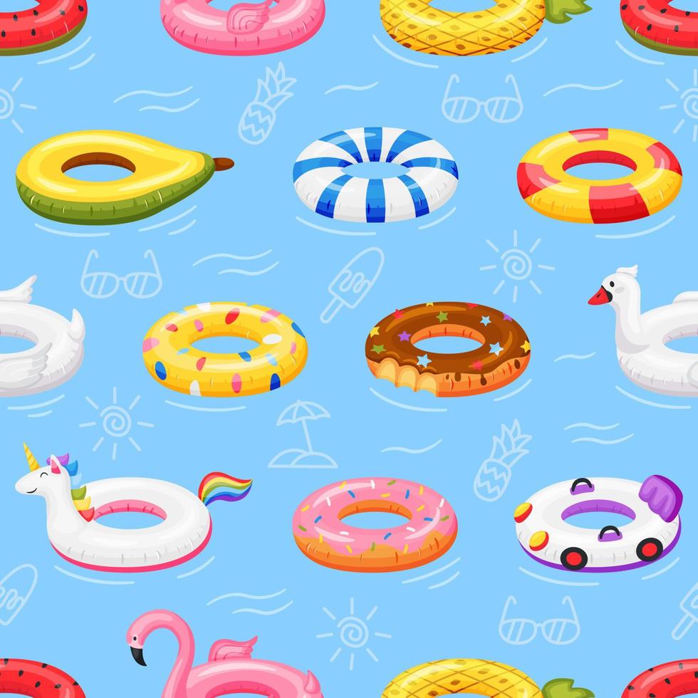 Swimming ring seamless pattern. Colorful inflatable pool toys floating on water. Flamingo, unicorn, donut swim rings vector illustration