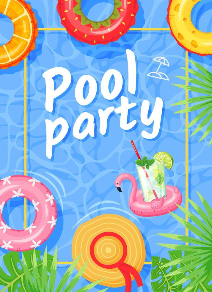 Pool party poster. Summer party flyer with swimming rings, tropical palm leaves and water background. Beach event invitation vector template