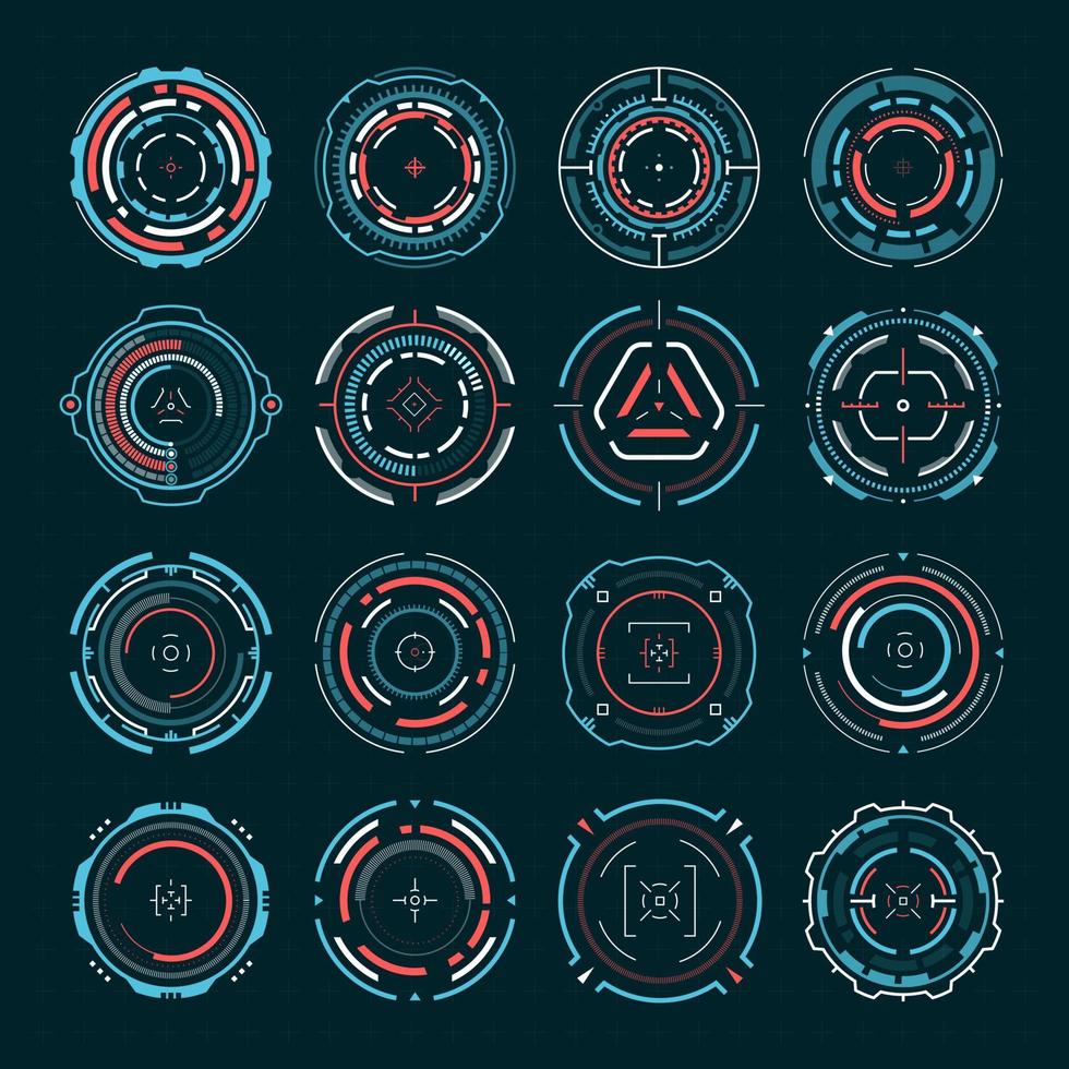 Futuristic targets. Sci-fi sniper scope optical aim, military shooting sight. Digital hud crosshair target, high tech aiming mark vector set