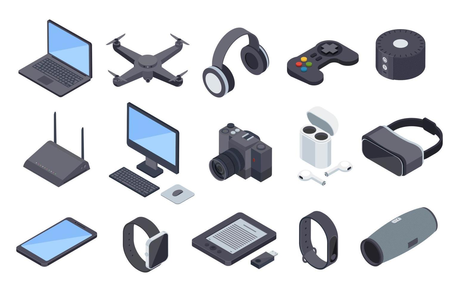 Isometric gadgets. Electronic wireless technology devices. Drone, headphones, smartwatch, vr headset, router. 3d technological device vector set