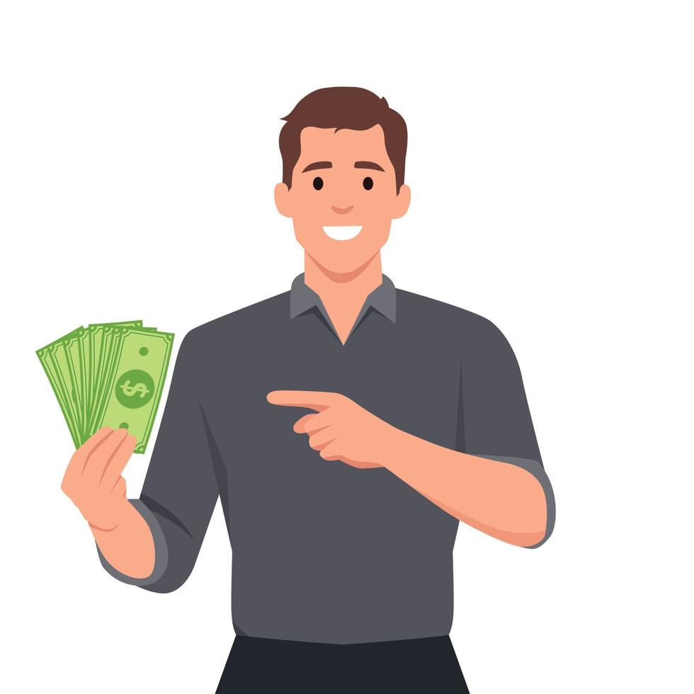 Young businessman showing cash, money and pointing index finger. Person holding currency notes. Male character design illustration vector