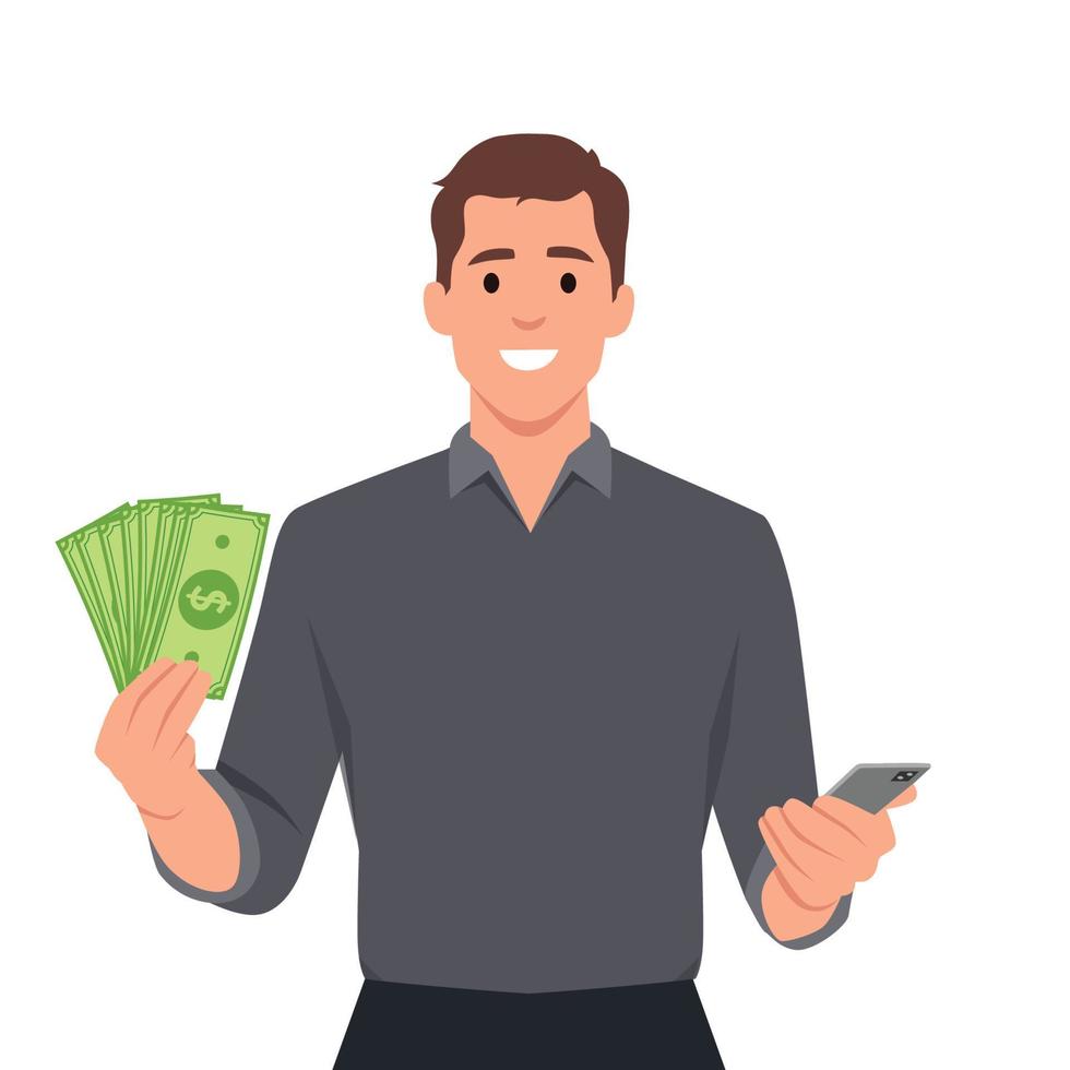 Smiling man holding smartphone and money excited with online lottery victory. Happy guy win cash on internet using cellphone. Working distant from mobile phone vector