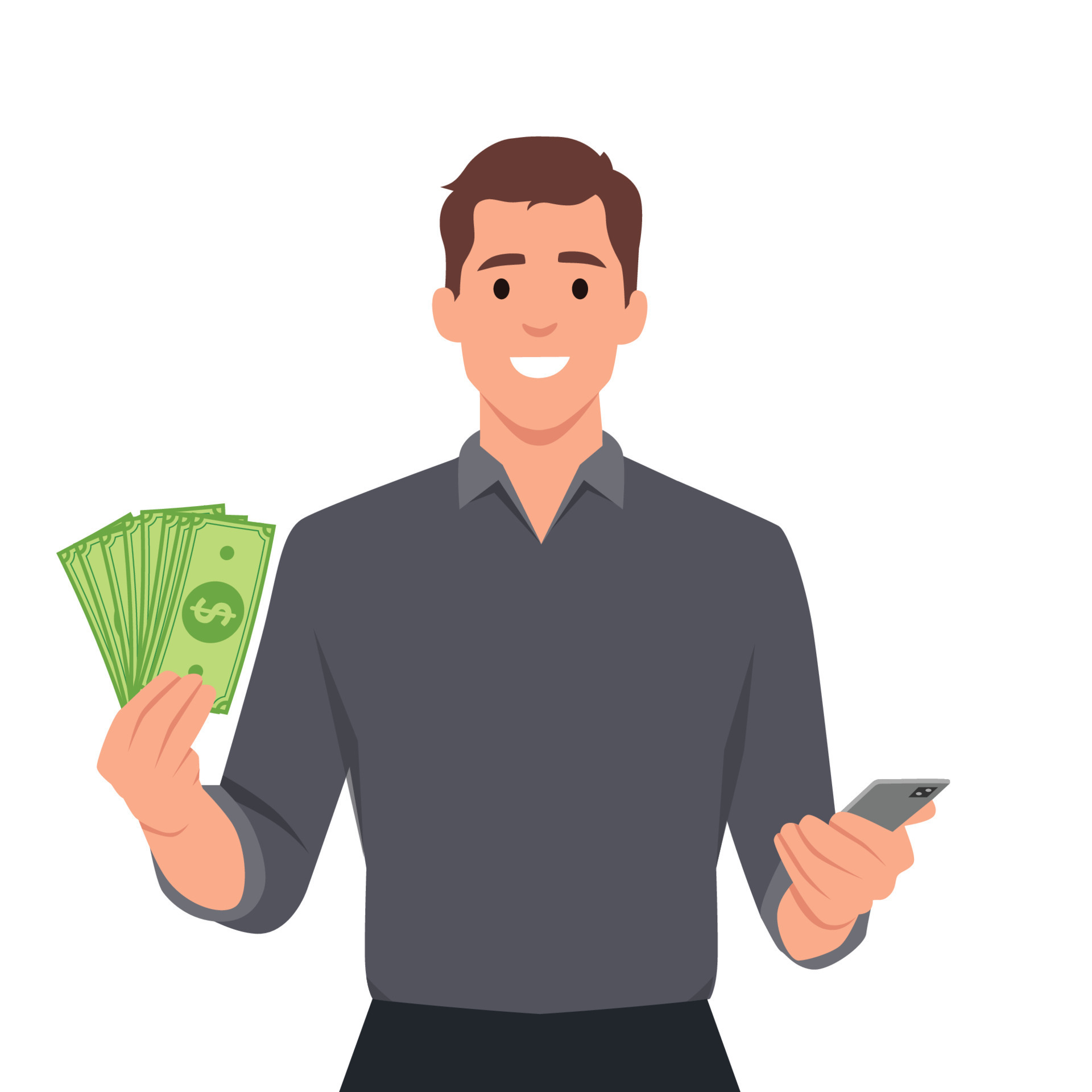 Smiling man holding smartphone and money excited with online