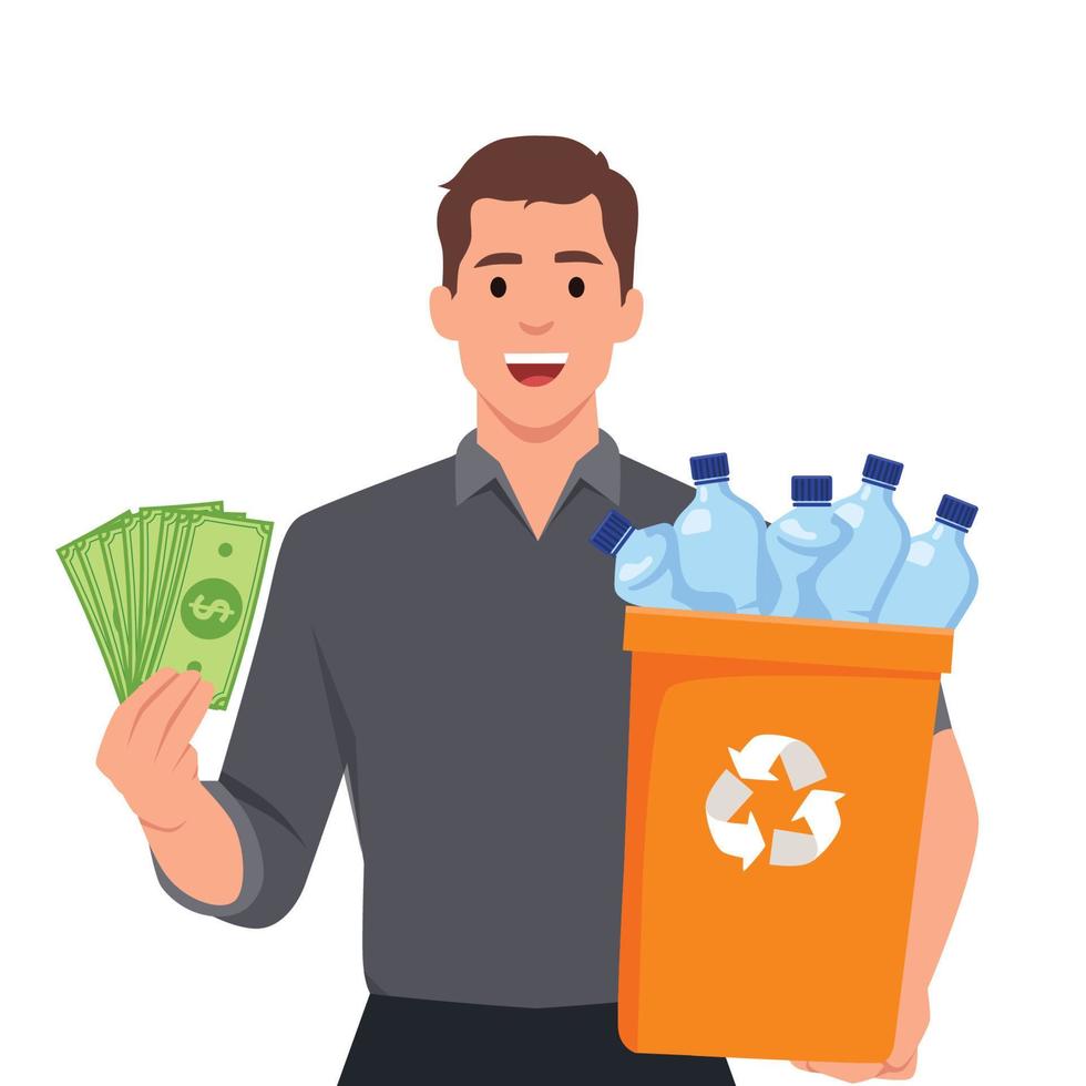 Man holding recycling garbage can and holding money. Reverse Vending Machine Recycling and Reward Money From Garbage Cans Bottle Plastic Glass Sale vector