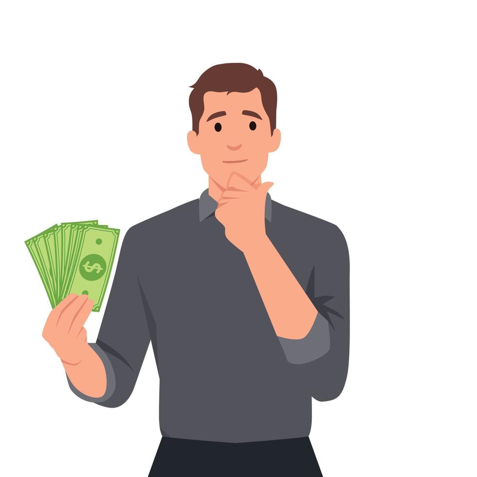 Man holding money and hand on chin thinking what to invest with his money. vector