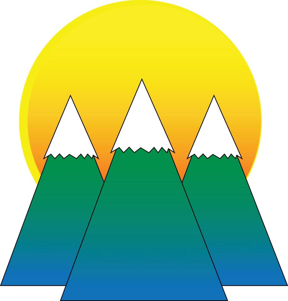Mountains and the sun at the sunrise, snow on top of the mountains, Yellow and green and blue and white colors, suitable for motion graphics videos and hiking adv, Mountains illustration vector