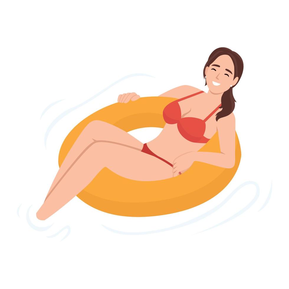 Woman relaxing on float swim ring. Flat style woman on vacation swimming in pool, resting or dreaming on water waves on inflatable ring or mattress vector