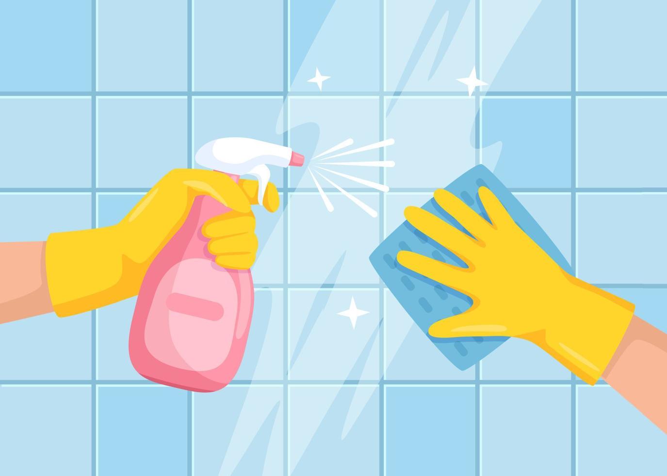 Cleaning surface. Hands with spray bottle and cloth wiping bathroom tile wall. Cleaning or disinfecting surfaces in house Vector illustration