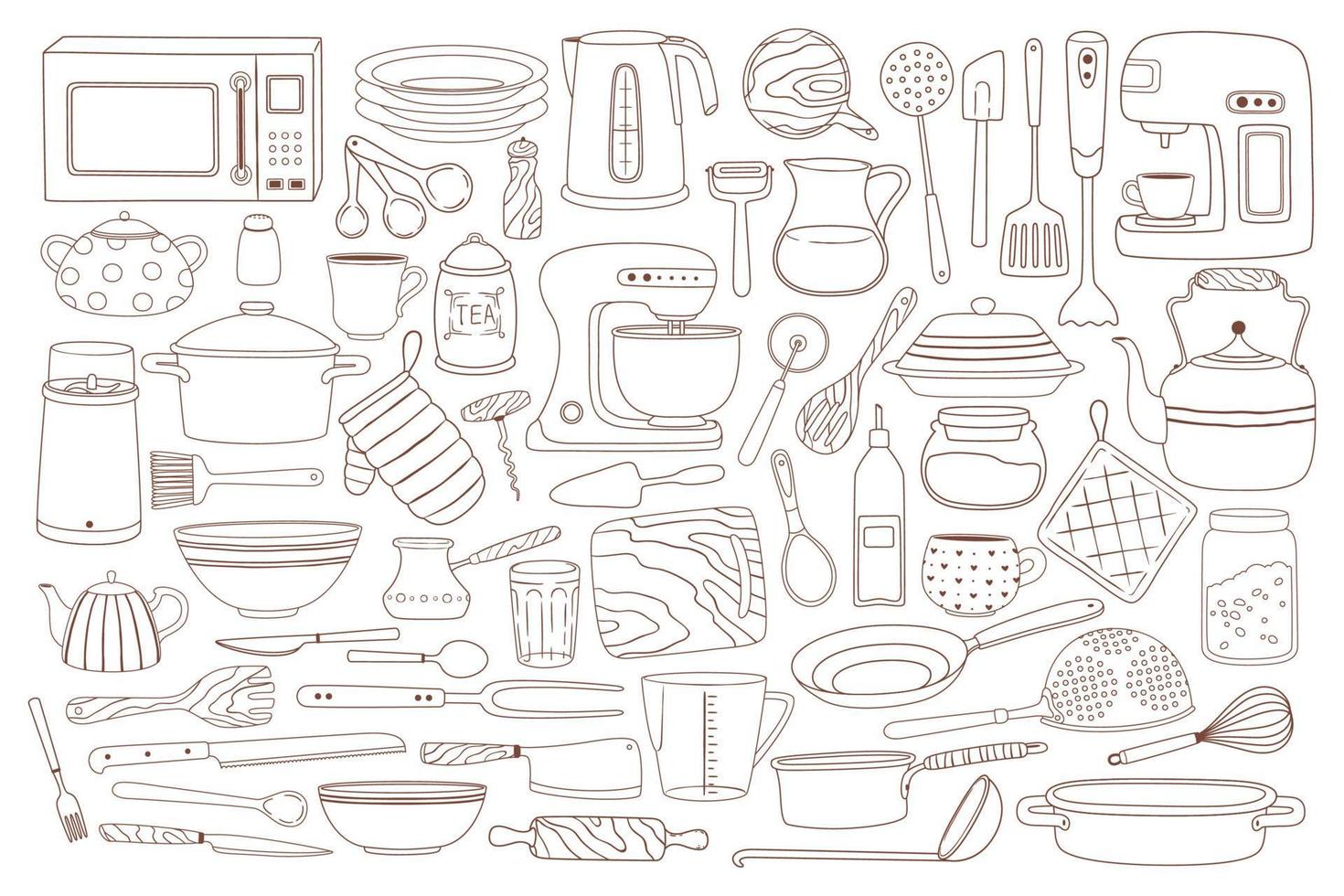 Doodle kitchenware. Hand drawn cooking and baking equipment pot, spoon, whisk, microwave, knives. Tableware, kitchen utensil doodles vector set