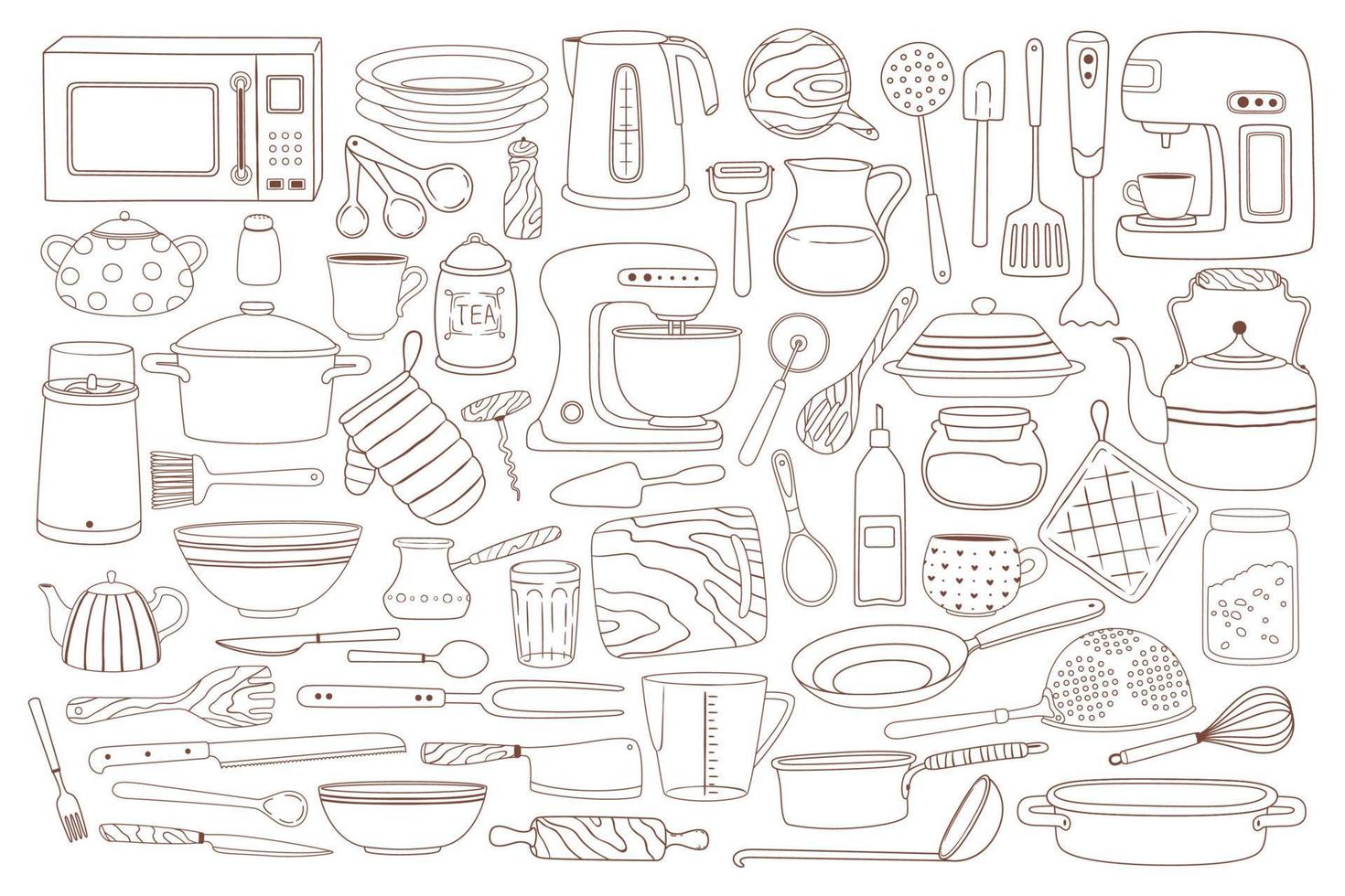 garabatear batería de cocina. mano dibujado Cocinando y horneando equipo maceta, cuchara, batidor, microonda, cuchillos vajilla, cocina utensilio garabatos vector conjunto