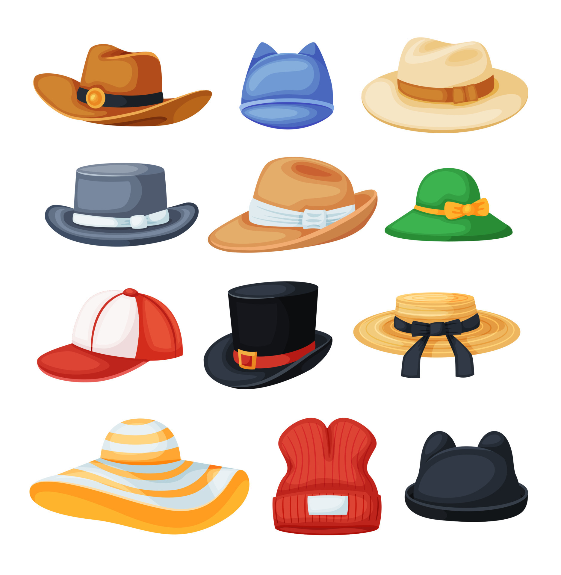 Cartoon headwear. Cowboy hat, fedora, beach sun hat, baseball cap ...