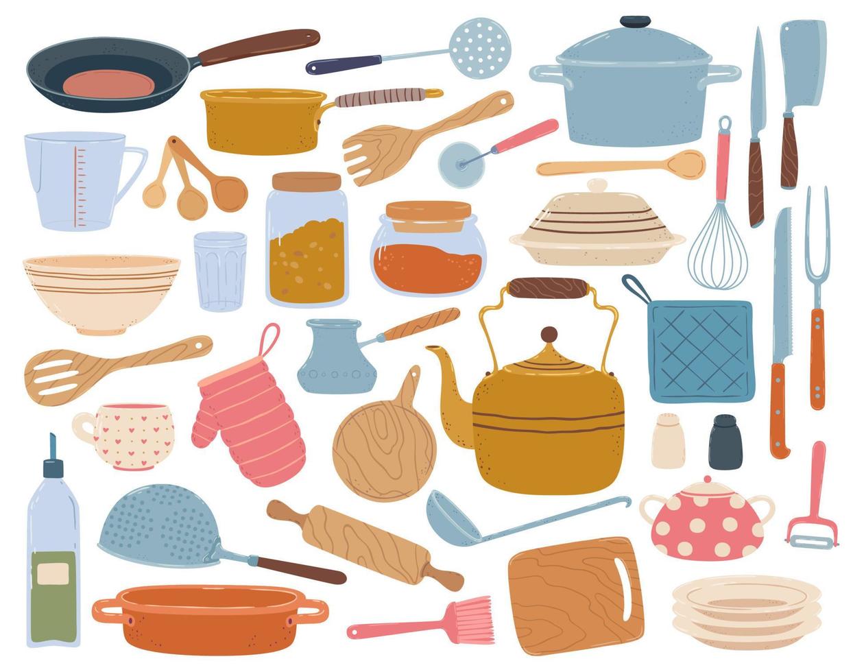 cocina herramientas. espátula, cuchara, cacerola, cuchillo, bol, platos. plano dibujos animados batería de cocina, utensilios de cocina, Cocinando y horneando equipo vector conjunto