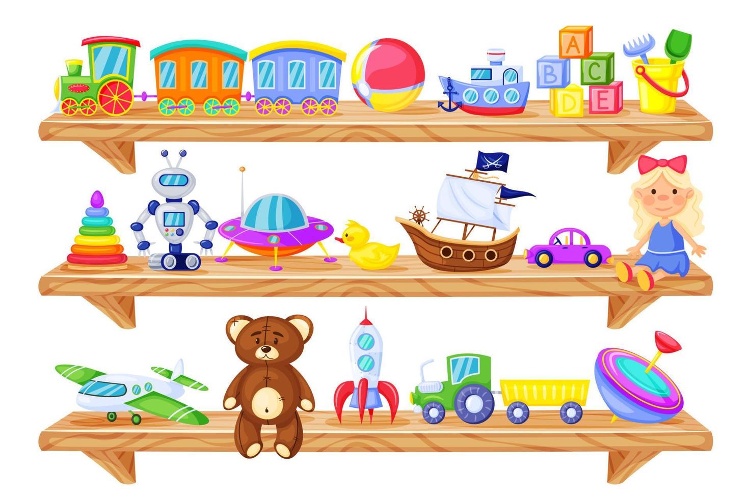 Toys on shelves. Cartoon wooden store shelf with kids toys baby doll, train, robot, teddy bear, rocket. Children plastic toy vector set