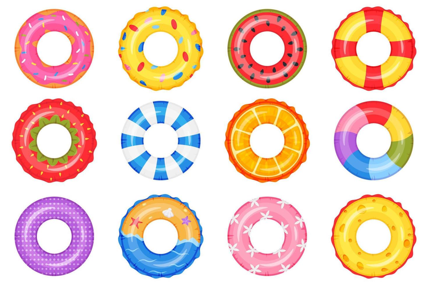 Inflatable ring. Swimming pool circle toys. Donut, rainbow, watermelon, beach life buoy. Summer floating swim rings top view vector set