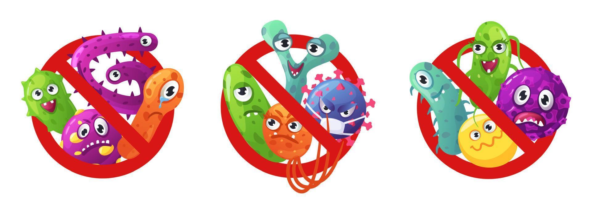 Stop microbes sign. Red prohibition signs with bacteria, viruses and germs characters. Antibacterial and antiviral protection vector concept