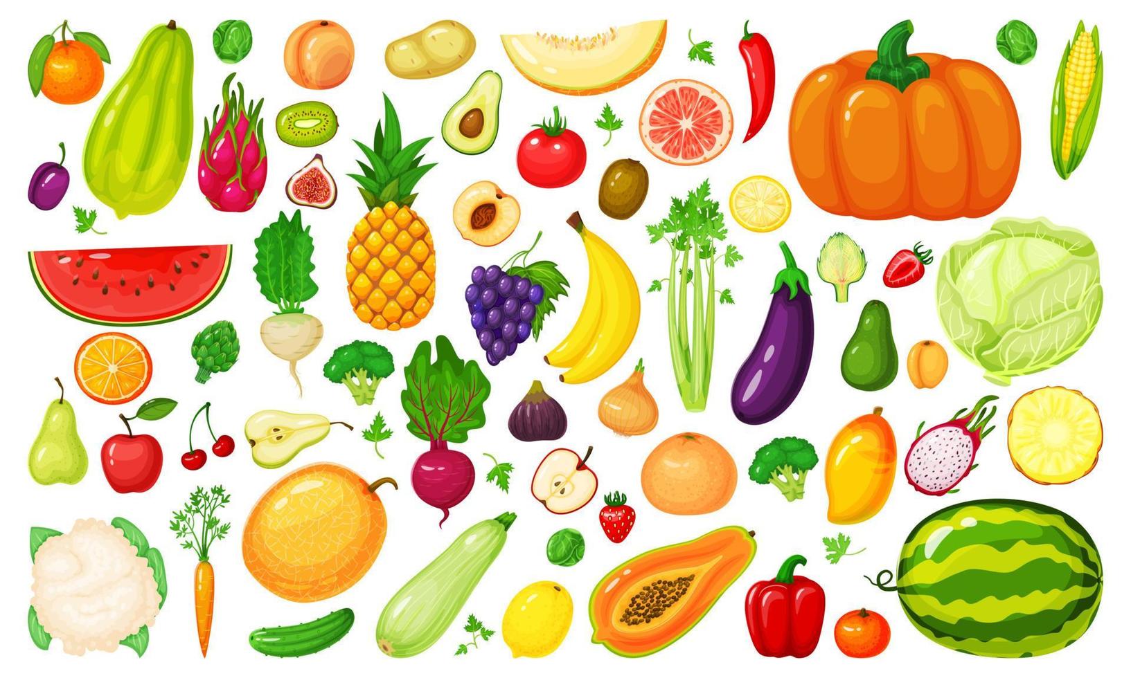 Cartoon fruits and vegetables. Broccoli, carrot, cabbage, beetroot, kiwi, apricot, mango. Fresh organic vegetable, fruit slices vector set