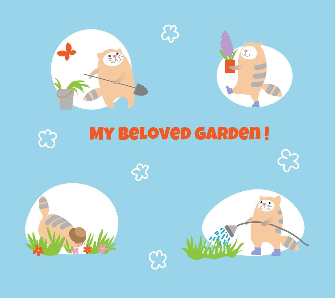 Gardening cat collection. Cute cat picking apples, cat watering the flowers , cat is resting and sunbathing . Vector illustration set.