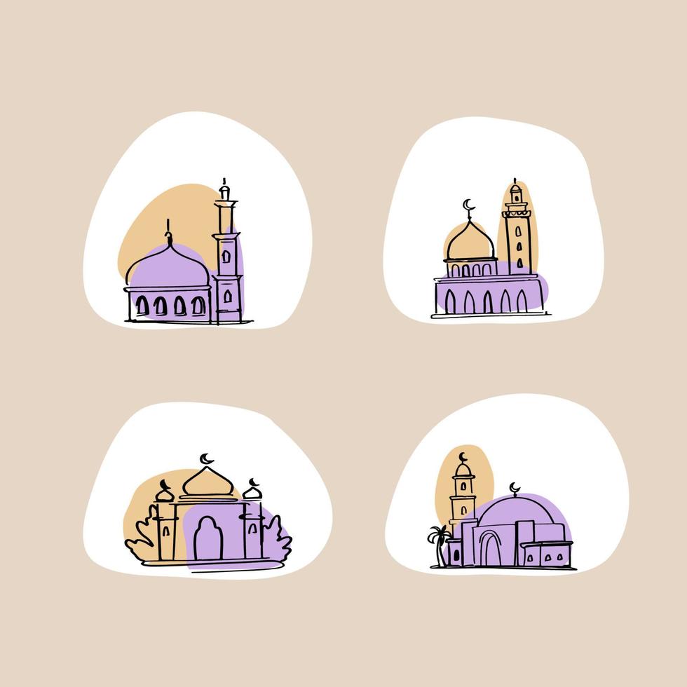 Set of minimalistic mosque icon. Hand drawn Arabic architecture Arabic architecture for greeting card vector