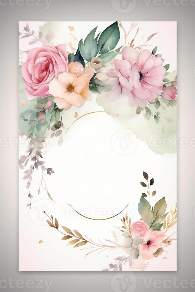 Colorful simple floral decoration illustration background template, creative arrangement of nature and flowers. Good for banner, wedding card invitation draft, birthday, greetings, and design element. photo