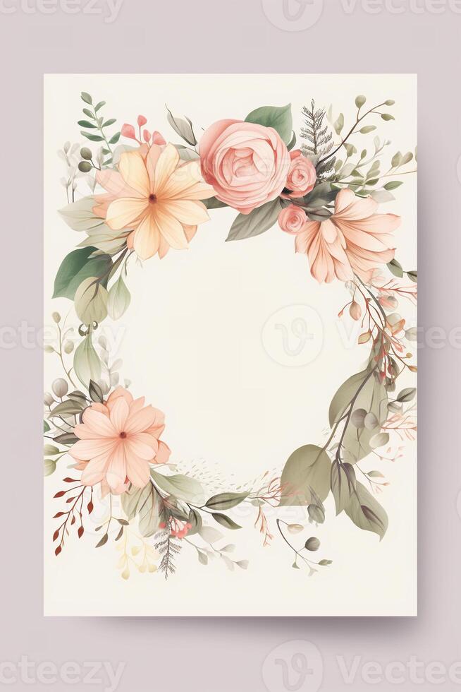 Colorful simple floral decoration illustration background template, creative arrangement of nature and flowers. Good for banner, wedding card invitation draft, birthday, greetings, and design element. photo