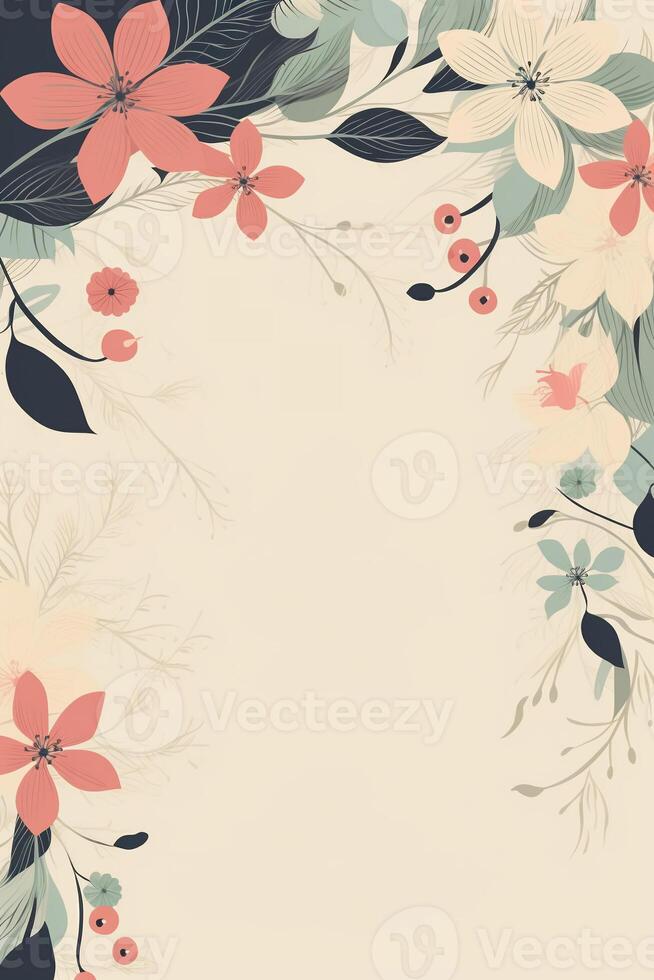 Colorful simple floral decoration illustration background template, creative arrangement of nature and flowers. Good for banner, wedding card invitation draft, birthday, greetings, and design element. photo