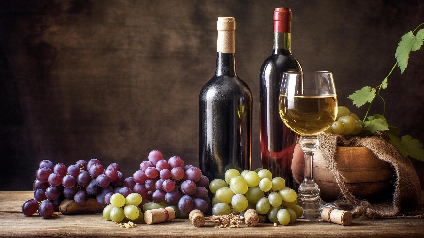 wine and grapes lying on a table photo