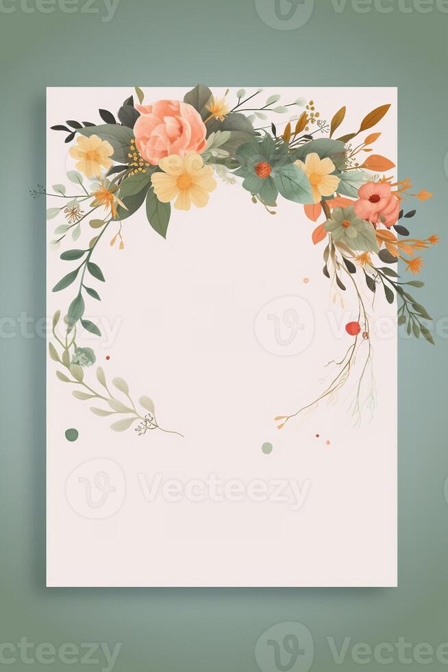 Colorful simple floral decoration illustration background template, creative arrangement of nature and flowers. Good for banner, wedding card invitation draft, birthday, greetings, and design element. photo