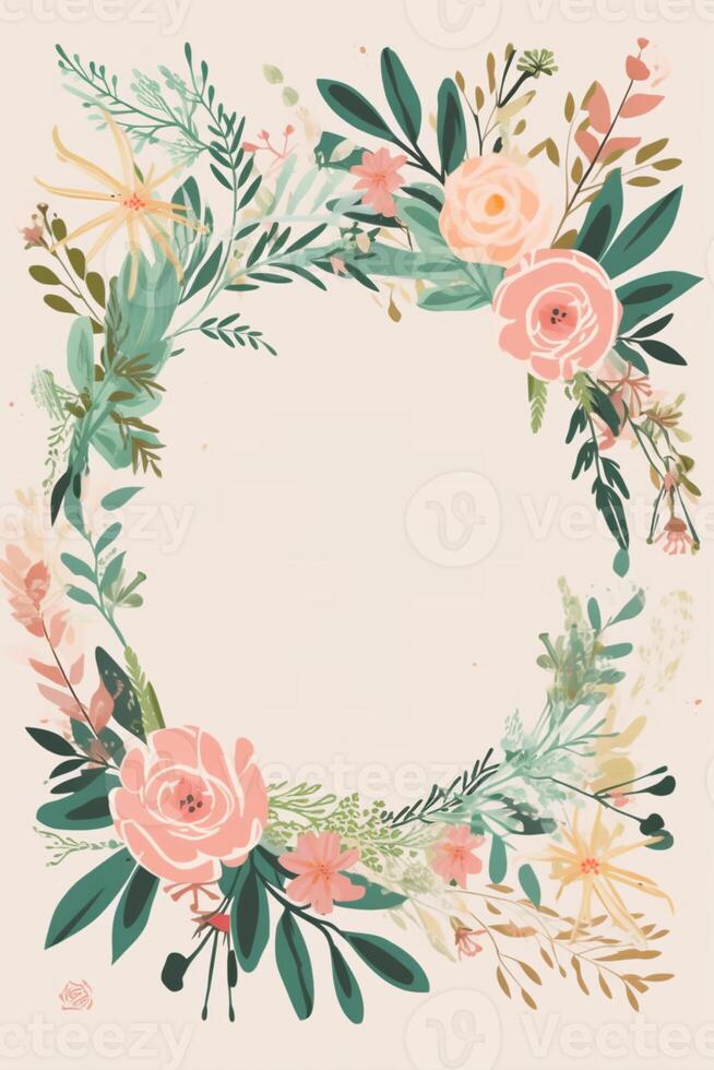 Colorful simple floral decoration illustration background template, creative arrangement of nature and flowers. Good for banner, wedding card invitation draft, birthday, greetings, and design element. photo