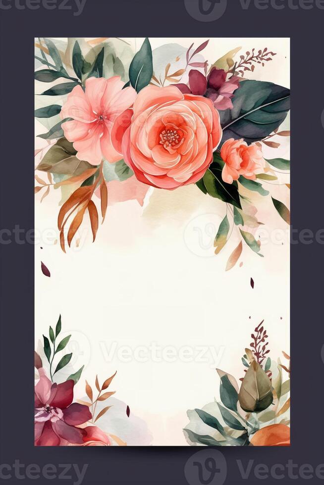 Colorful simple floral decoration illustration background template, creative arrangement of nature and flowers. Good for banner, wedding card invitation draft, birthday, greetings, and design element. photo