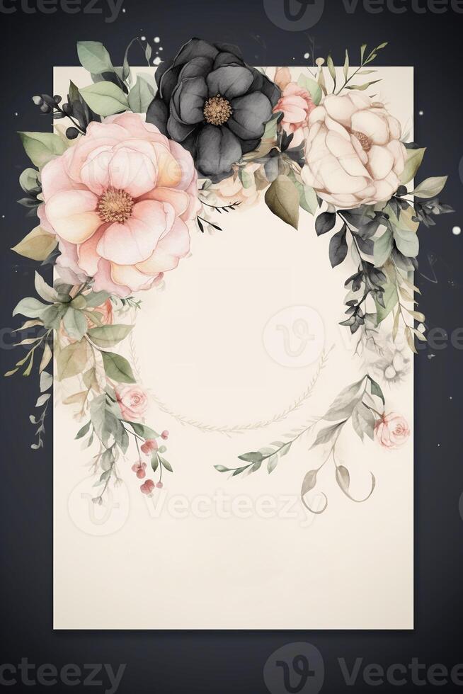 Colorful simple floral decoration illustration background template, creative arrangement of nature and flowers. Good for banner, wedding card invitation draft, birthday, greetings, and design element. photo