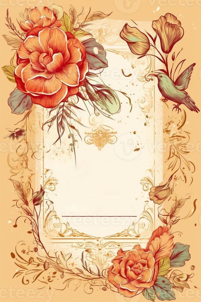 Colorful simple floral decoration illustration background template, creative arrangement of nature and flowers. Good for banner, wedding card invitation draft, birthday, greetings, and design element. photo