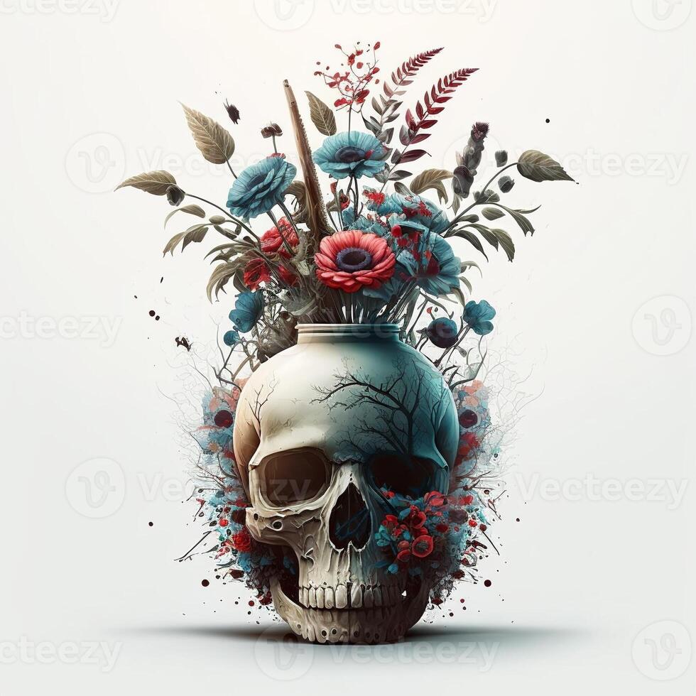 Painting illustration of skull wrapped in flowers, white background. photo