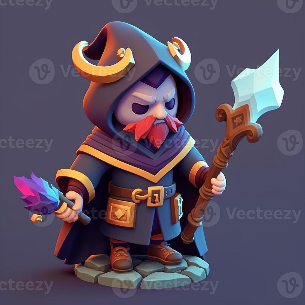 Mage with purple hood and staff in hand, fire style. Digital illustration. AI photo