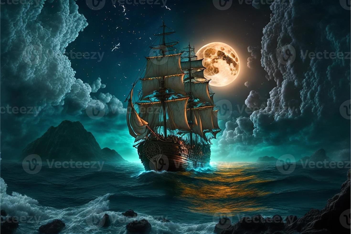 paisaje con pirata Embarcacion en el mar, cielo lleno de nubes y lleno luna, horizonte en el antecedentes. ai digital ilustración foto
