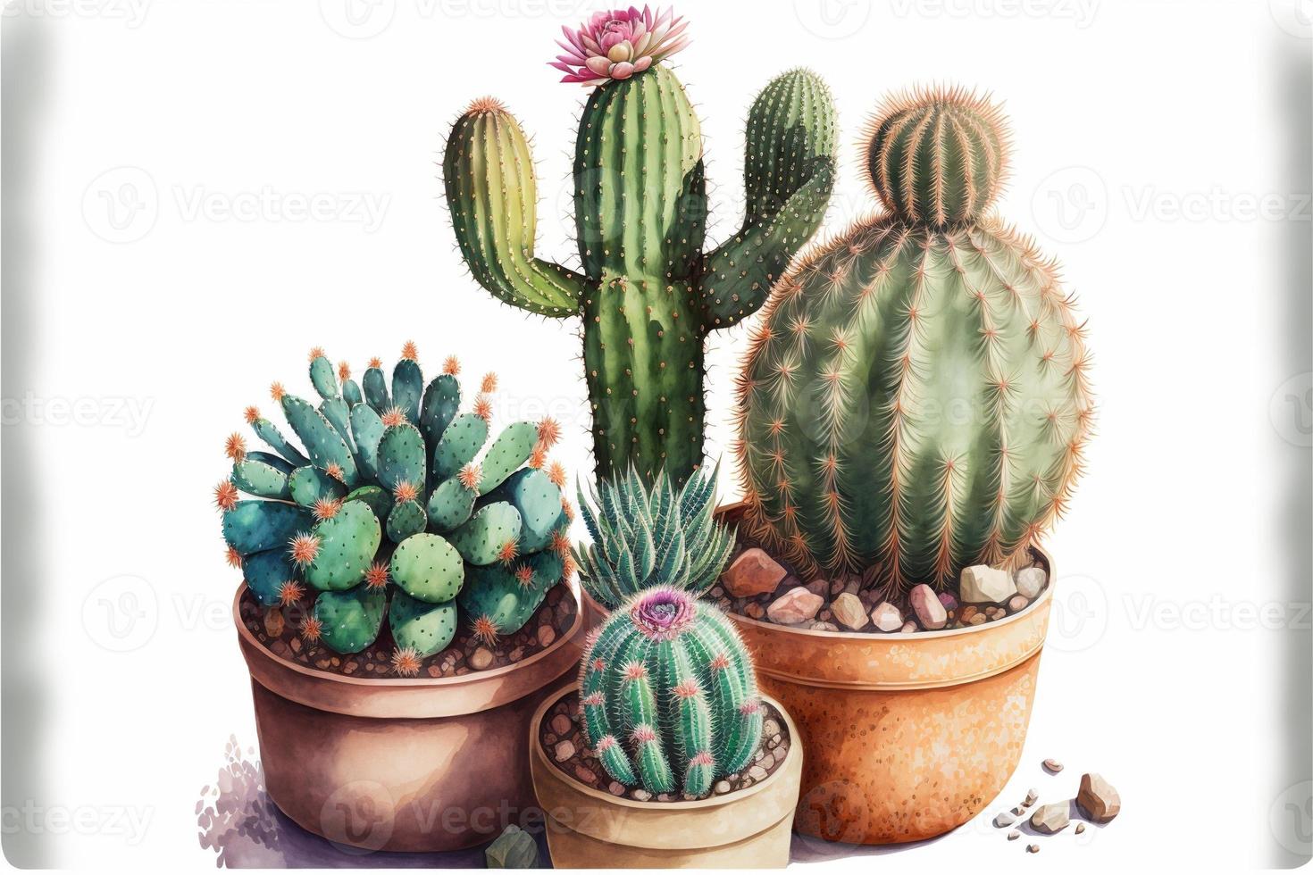 Painting various cacti in potted plants, white background. AI digital illustration photo