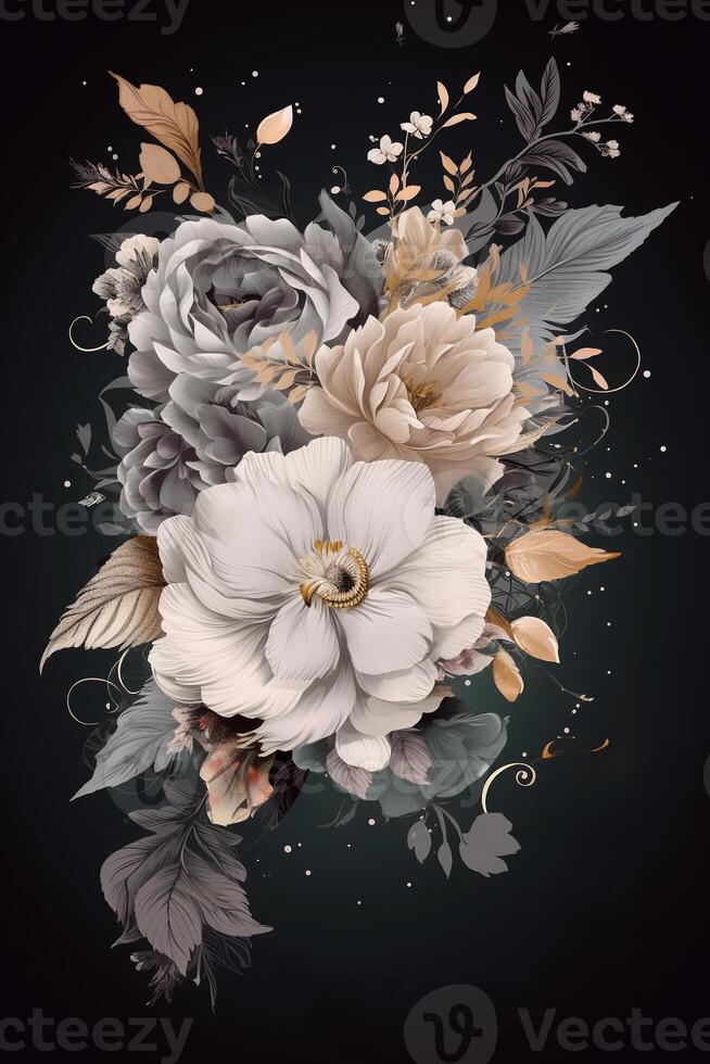 Colorful simple floral decoration illustration background template, creative arrangement of nature and flowers. Good for banner, wedding card invitation draft, birthday, greetings, and design element. photo