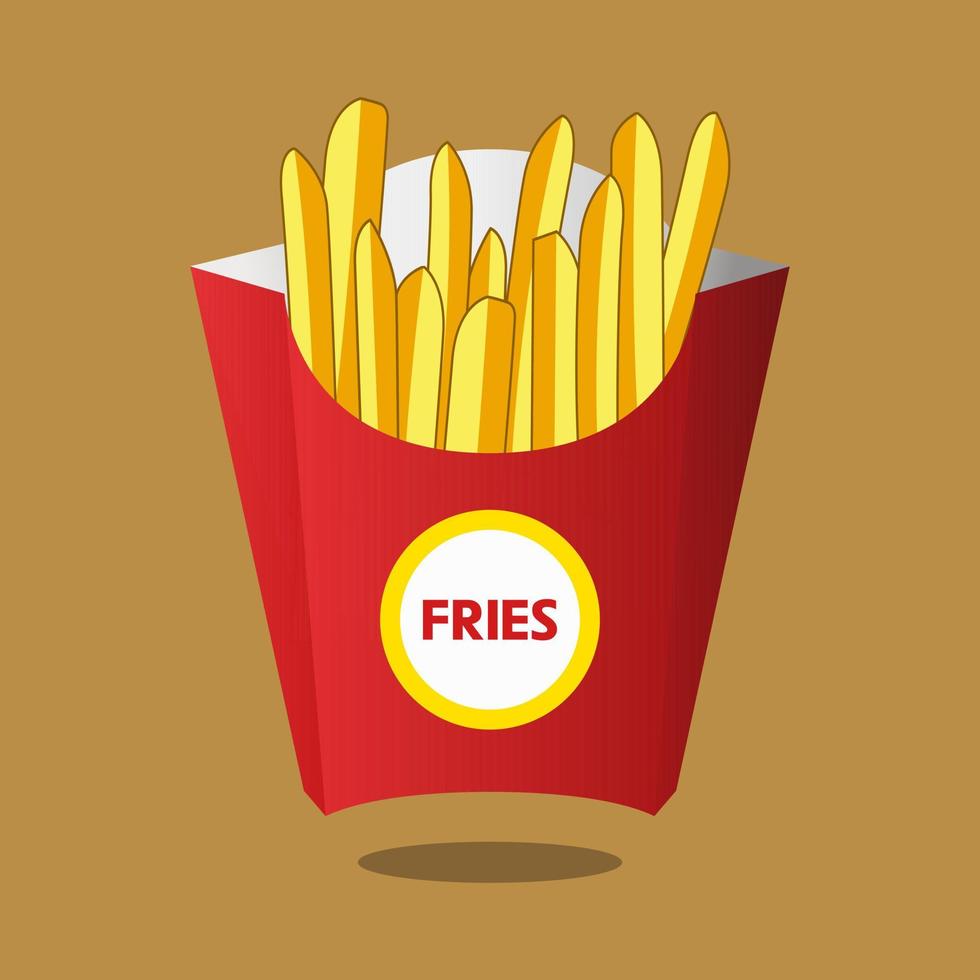Vector french fries in red box with shadow on background.