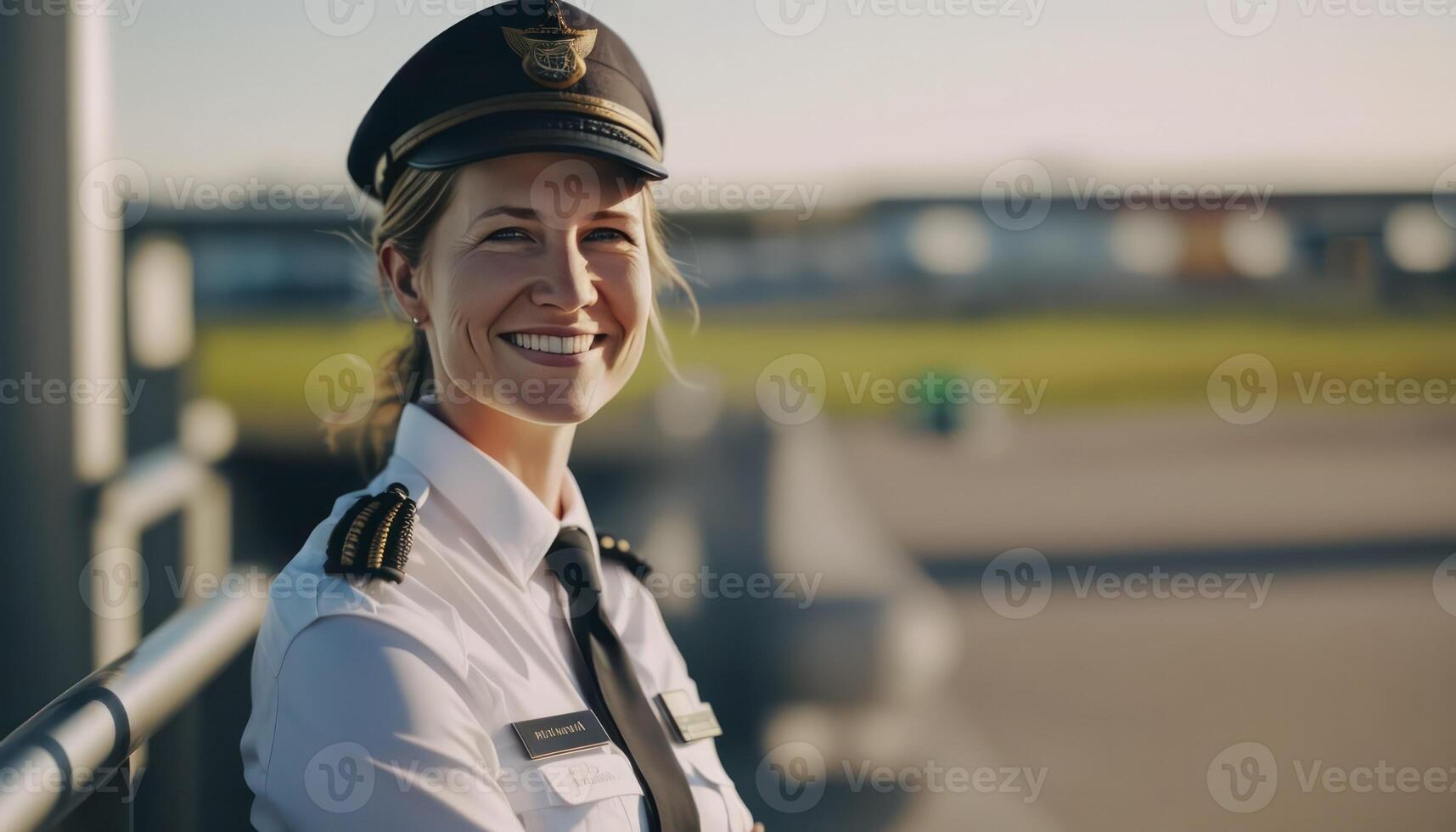 a beautiful smiling young pilot in front of a blurry airport background photo