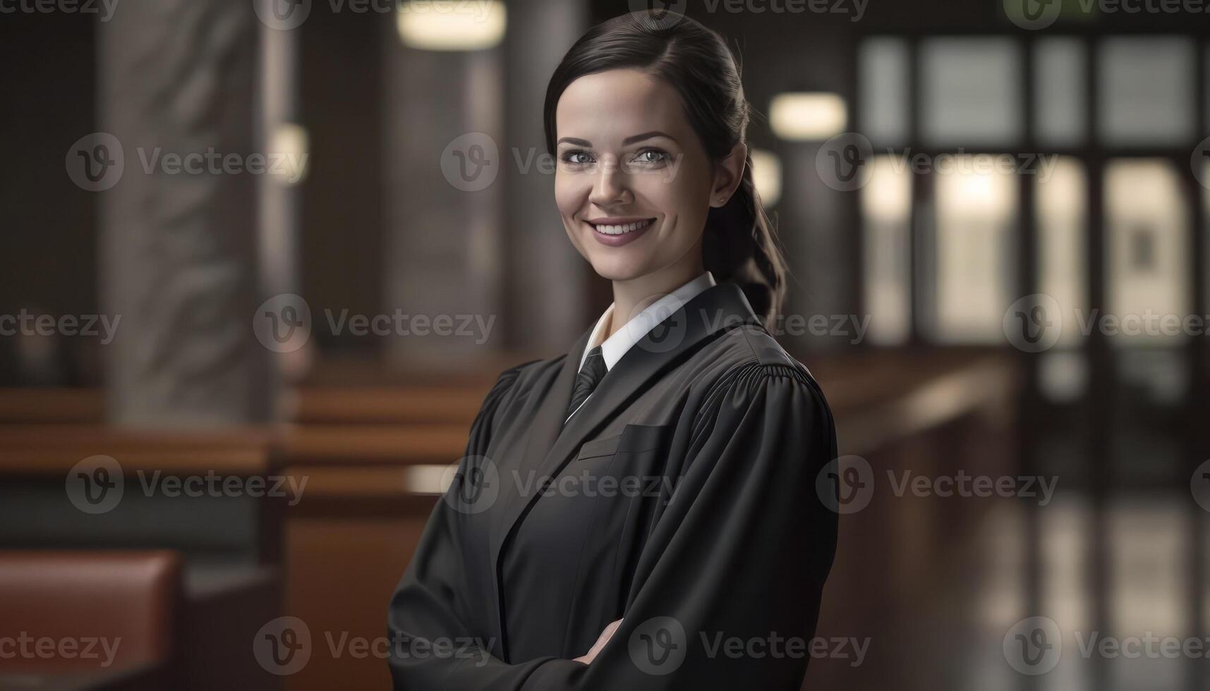 a beautiful smiling female prosecutor wearing prosecutor's robe inside a blurry courthouse photo